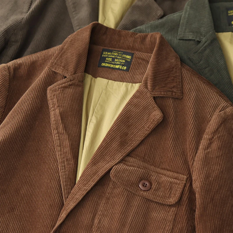 2024 Autumn and Winter New American Retro Corduroy Casual Blazers Men's Simple 100% Cotton Heavyweight Street Loose Suit Jacket 3