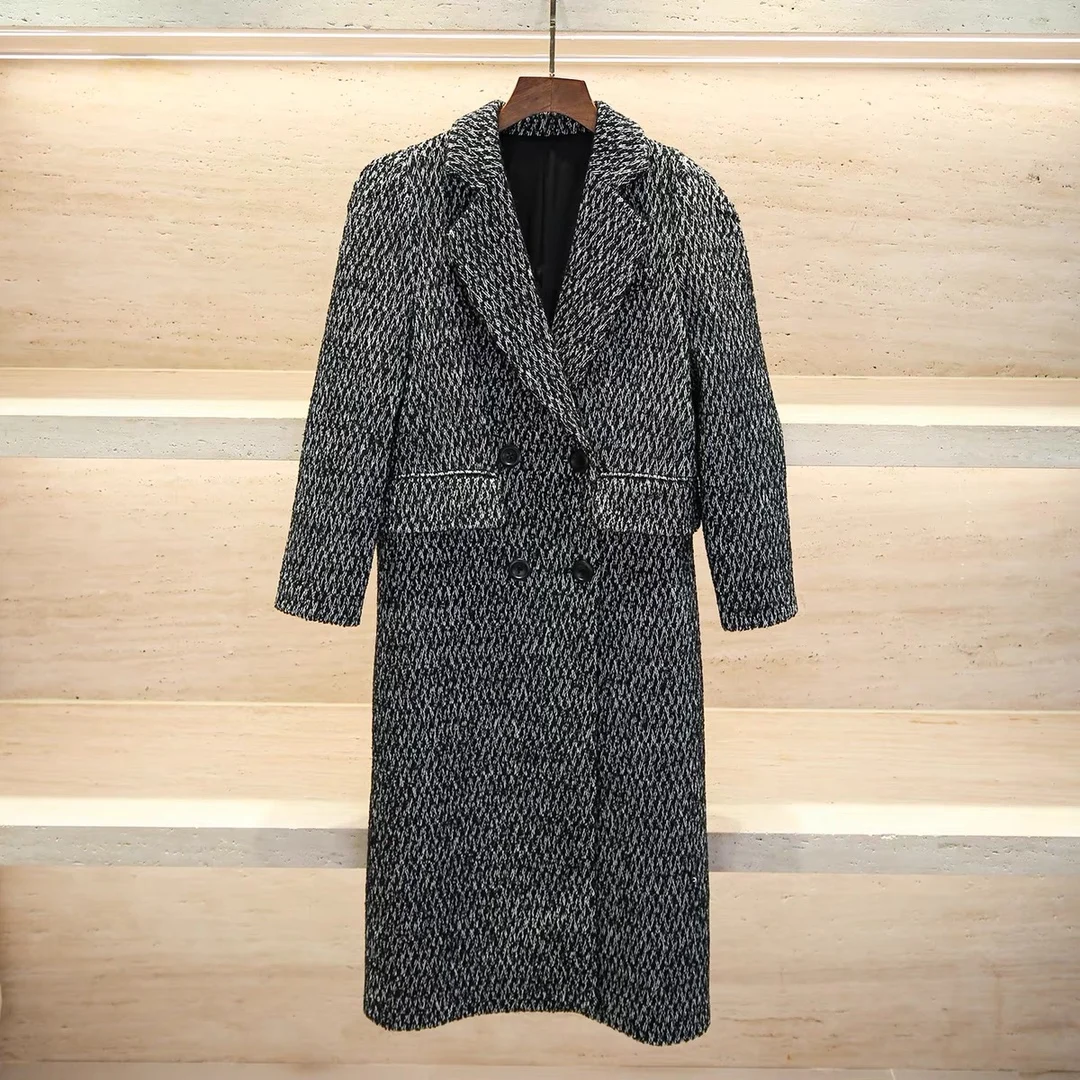 

2023 Women's Clothing Fashion black and white sesame dot fabric woolen coat Autumn Winter New 1213