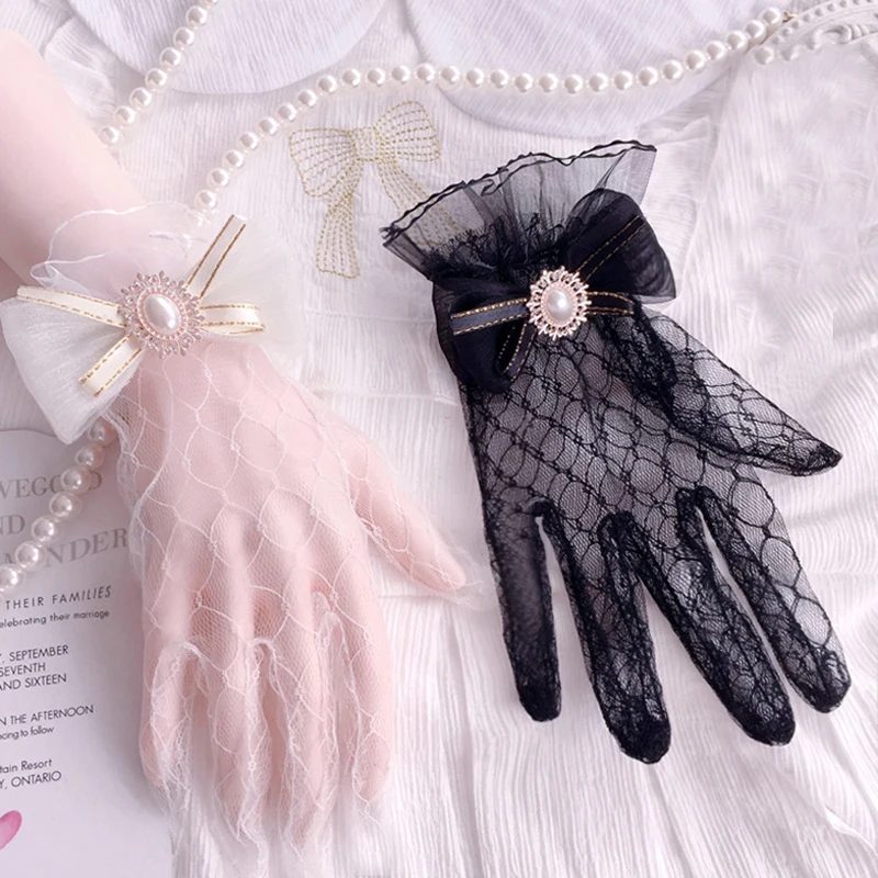 

Women's Summer Dress Gloves Thin Short Satin Elastic Etiquette Dress Gloves Elegant Pearl Lace Bow Uv Sunscreen Cycling Mittens