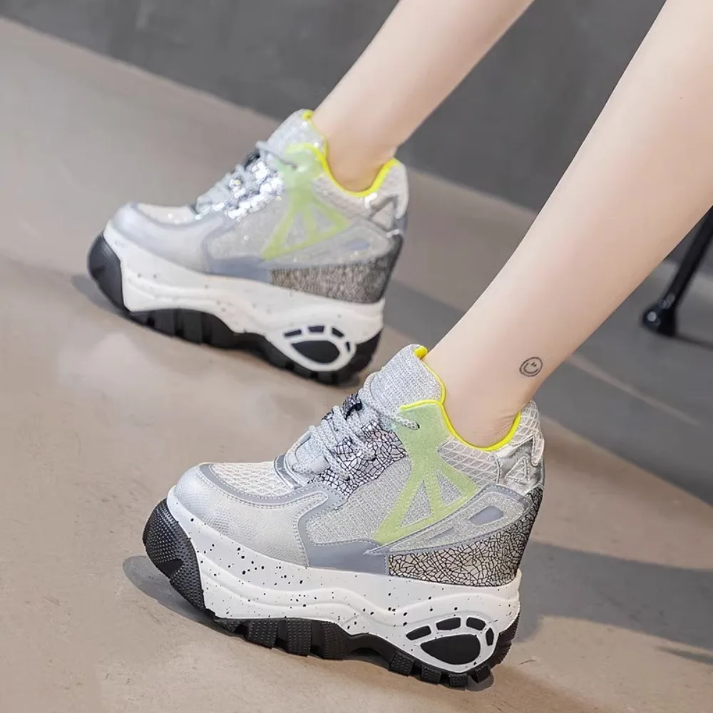 

12CM Womens Platform Sequins Bling Sliver Genuine Leather Sneakers Wedge High Hidden Heel Lace Up Shoes Luxuxy NewNew 2024