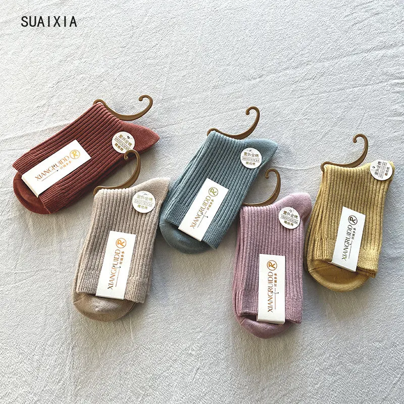 

Носки женские хлопковые с двойными иглами, утепленные с длинным рукавом, карамельных цветов, 5 шт., весна-осень