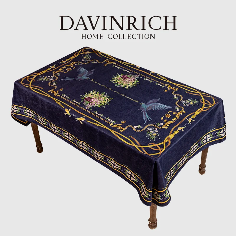 DAVINRICH Vintage Luxury Navy Blue Table Cloth Highly Mysterious