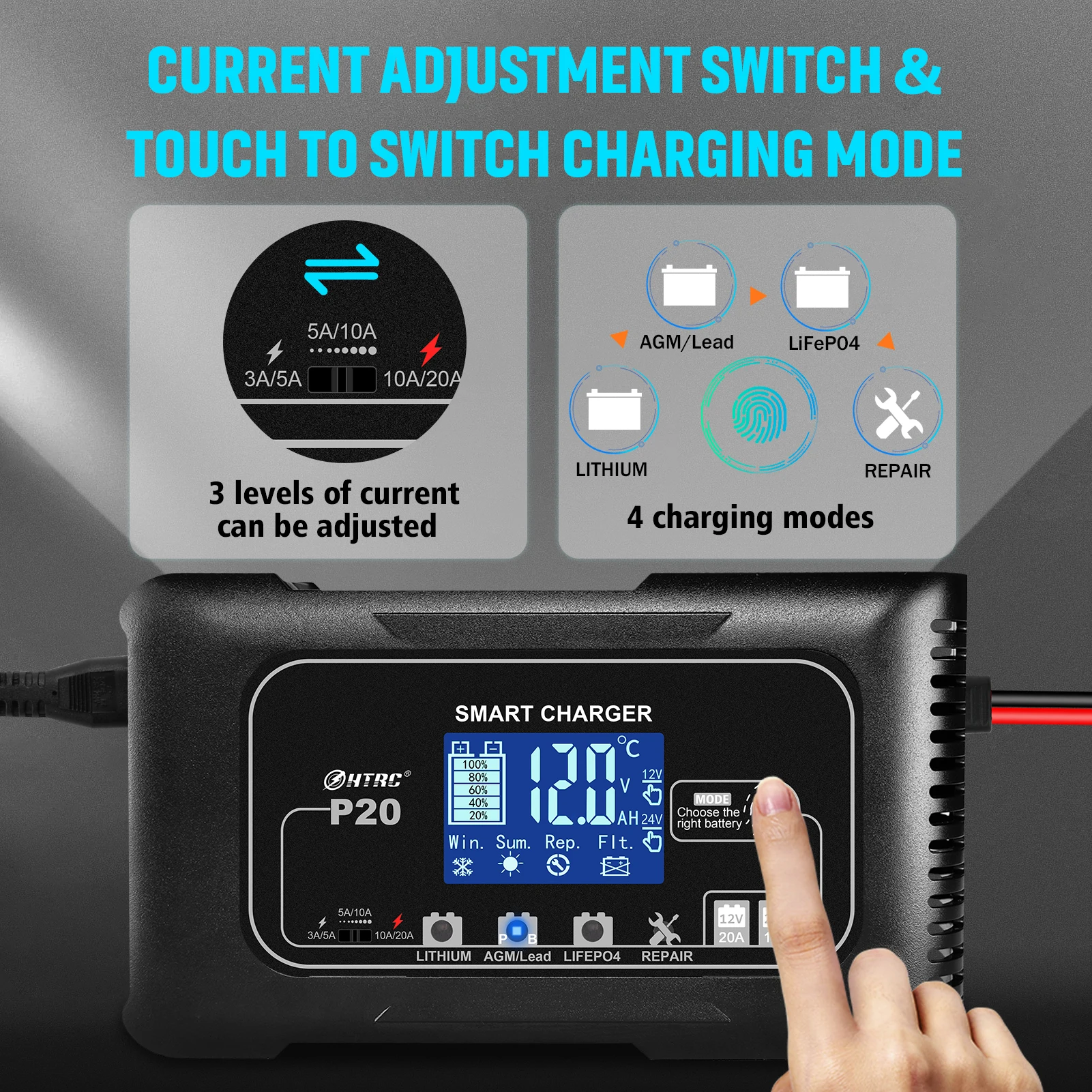 Battery Charger Battery Charger Adapter HTRC 15A/20A Smart Battery Charger Automatic Pulse Repair Charge for Lead-Acid Lithium LiFePO4 Battery Car Motorcycle Charger