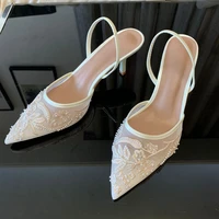 Brand Designer White Women Pumps Mesh Embroidered Flowers Back Strap Sexy Slingback High Heels Dress Wedding Shoes for Ladies - Image 2