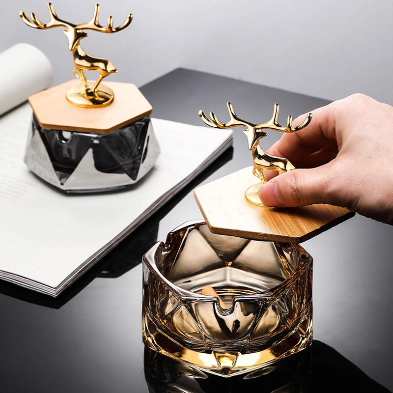 Household Crystal Glass Ashtray with Cover To Prevent Fly Ash Luxury Trend Living Room Decoration Office Decoration Elk Ashtray portable ashtray cigarettes ashtray silicone ashtray stainless steel ashtray metal ashtray