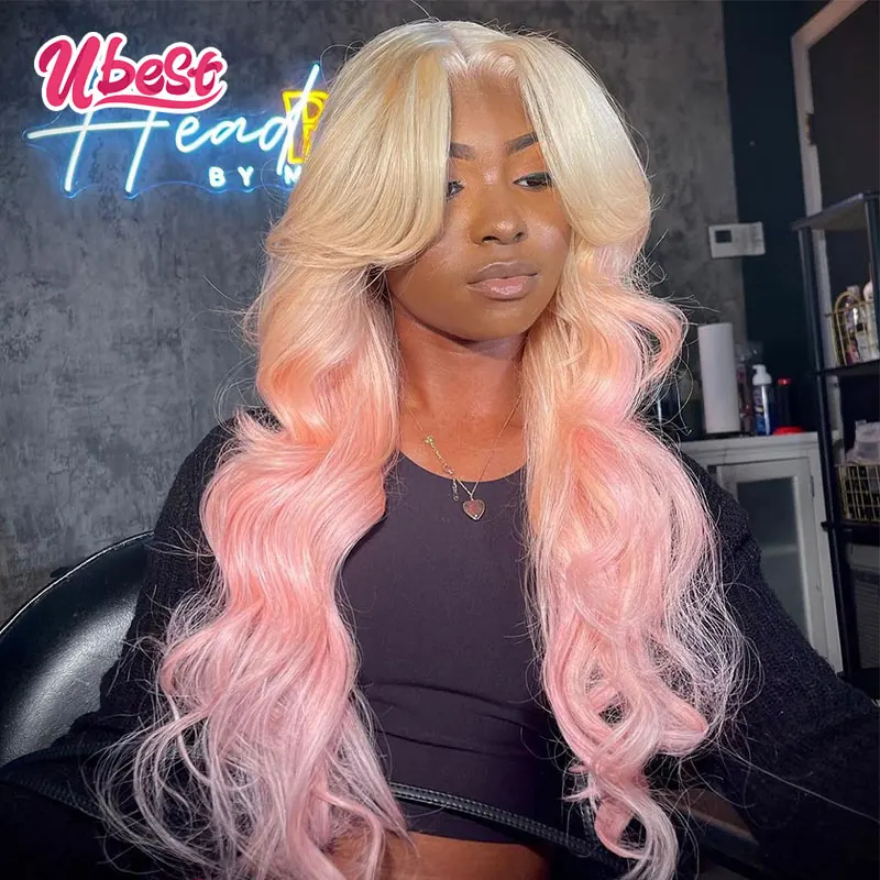 

13x6 Ombre 613 Pink Color Body Wave Lace Front Human Hair Wig 200% Brazilian Body Wave Transparen Lace Frontal Wig For Women