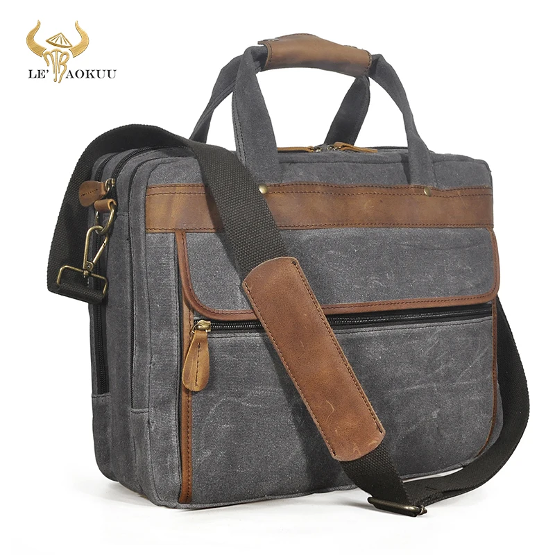 

Canvas+Thick Real Leather Vintage Tote Briefcase Business 15.6" Laptop Case For Men Male Attache Messenger Bag Portfolio B1001