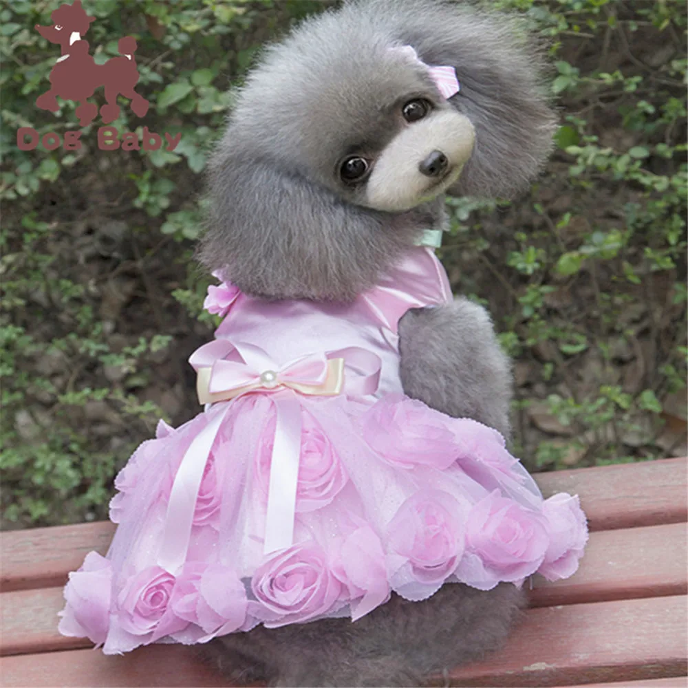 New Summer Pet Dress Dog Clothes Rose Princess Gown Thin Breathable Mesh Cat Kitten Wedding Party Formal Attire