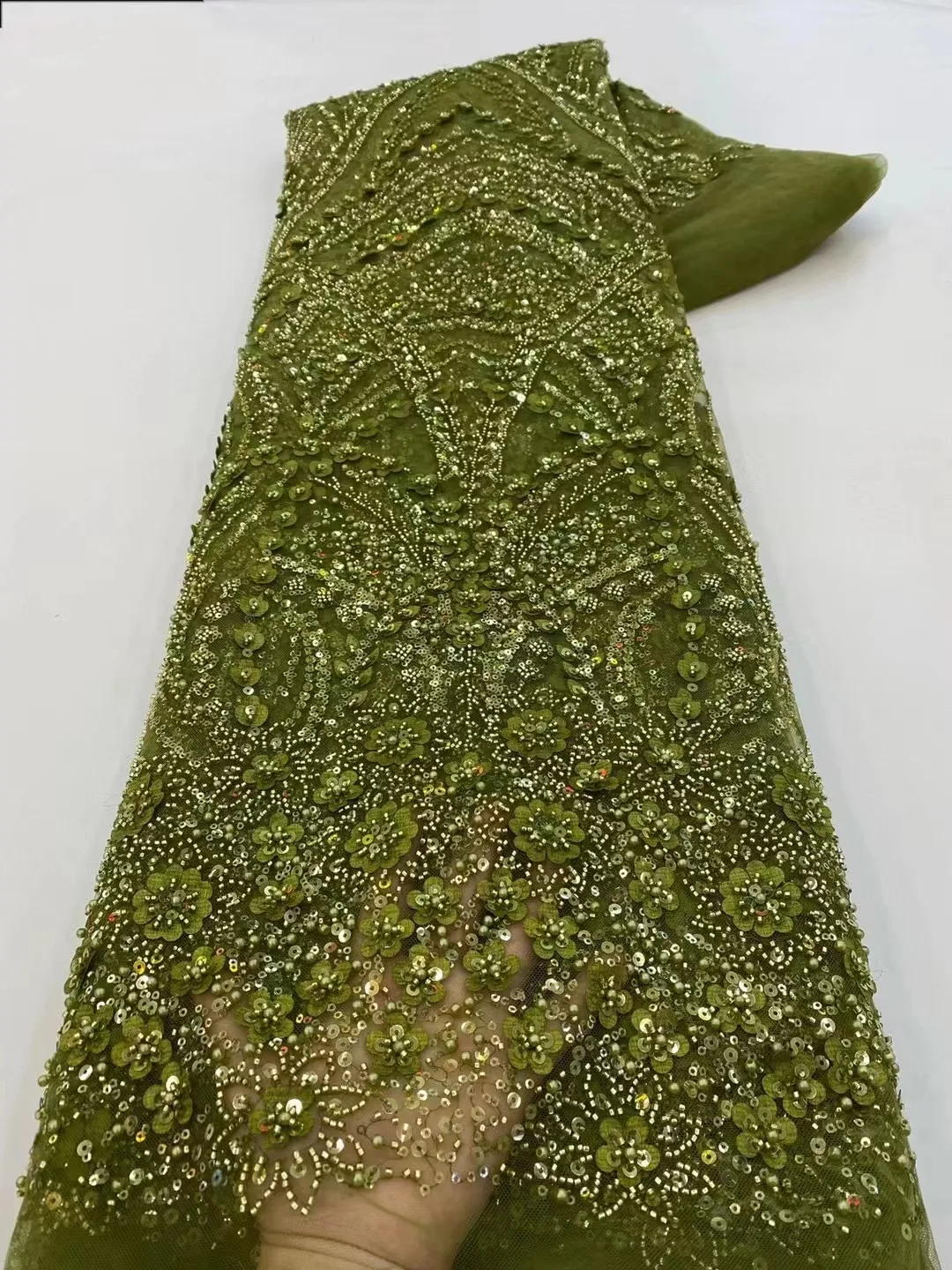 

Luxurious African Beaded Sequins Lace Fabric 2024 green High Quality Heavy Groom Embroidery French Tulle Lace Nigerian Wedding