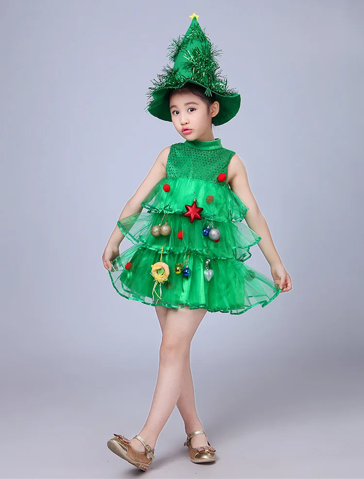 Disfraz de árbol de Navidad verde para mujeres, niñas y niños, accesorios de cosplay, sombrero, elfo, vestidos elegantes