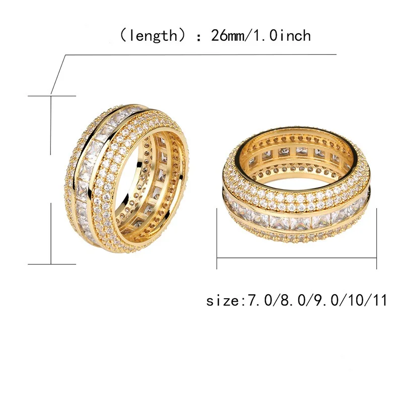 Hip Hop Gold Plated Copper Material Rings Jewelry Fashion Iced Out Chunky Baguette Ring Men 5 Rows CZ Zircon Eternity Ring