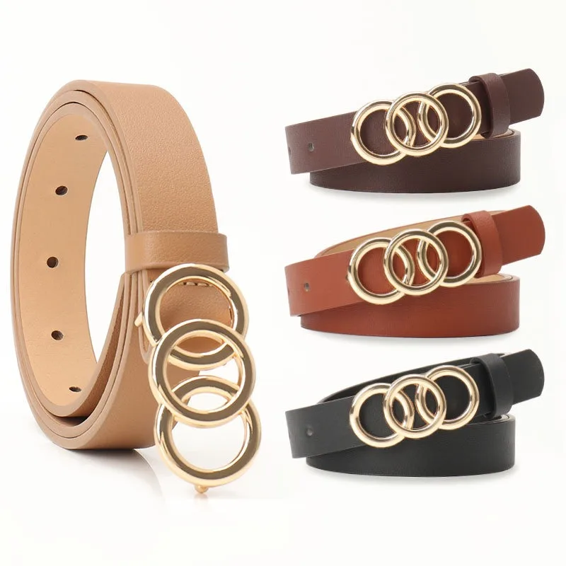 Korean Style Triple-Loop Buckle Belt for Women - Adjustable Waistband for Jeans & Outerwear, Ins Fashion Minimalist Accessory