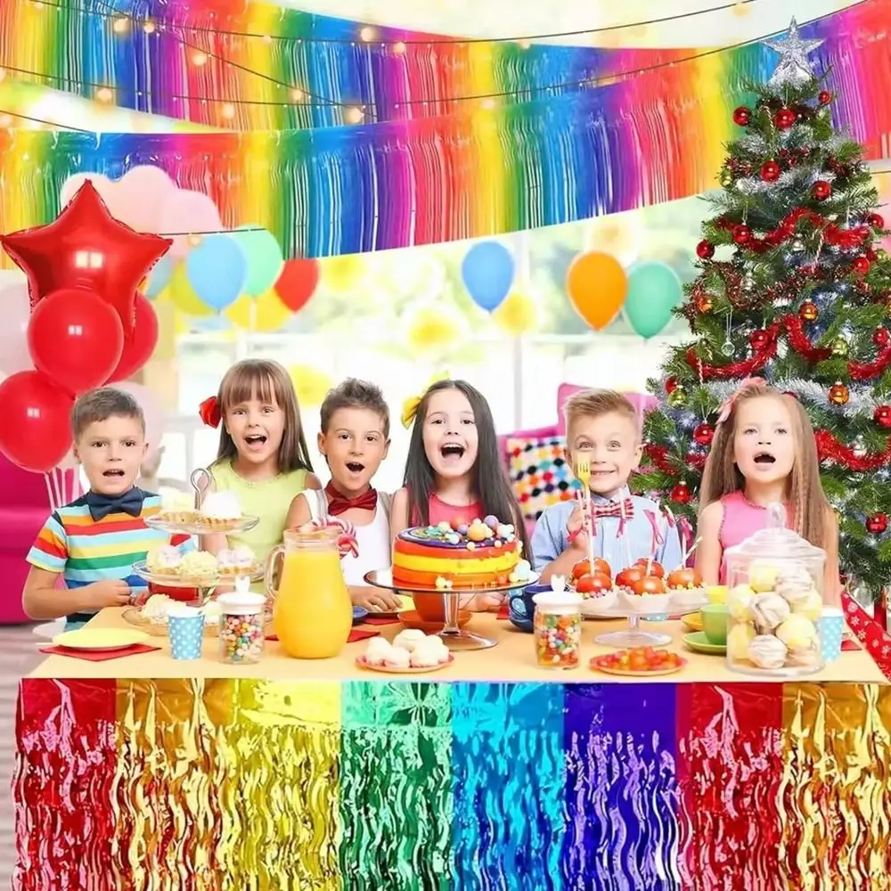 Colorful Rainbow Wavy Table Skirt 75*275cm Table Dress Tablecloths Metallic Foil Tinsel Cloth Halloween Christmas Day