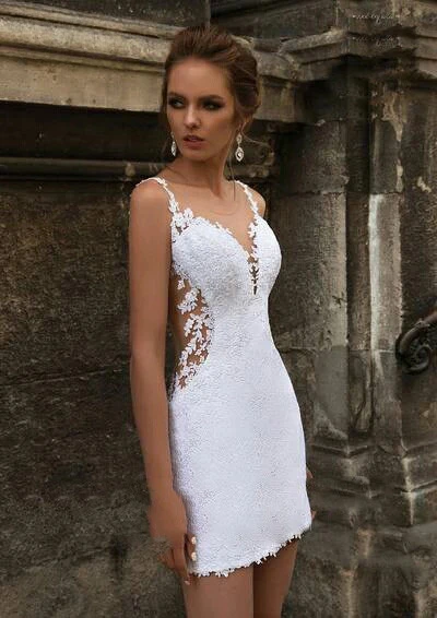 Modern Short Mermaid Wedding Dress with Detachable Train Three Pieces 3 in 1 Lace Applique Sheer Neck Backless Bridal Gowns