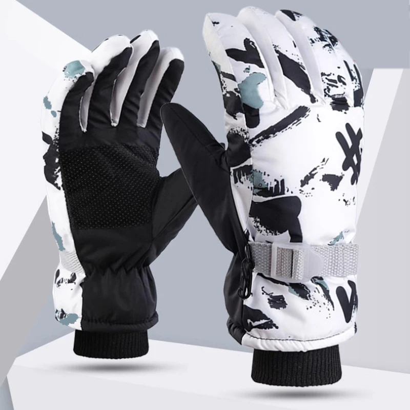 Winter Ski Gloves Warm Thermal Men Women Thickened Cotton Waterproof Non-Slip Warm Riding Outdoor Graffiti Snowboard Cycling 2