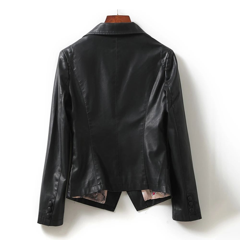 New Women Leather Blazer Spring Autumn Fashion Suit Collar Long Sleeve Slim Sheepskin Jacket Short Split-Leather Tops Coat