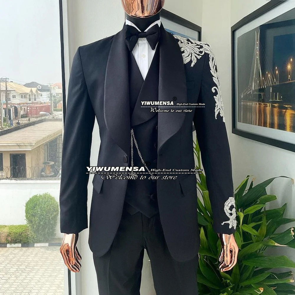 Luxury Wedding Suits Black Formal Groomsman Tuxedo Beads Men Jacket+Vest+Pants 3 Pieces Formal Man Party Blazer Set Custom Made