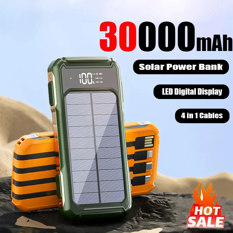 30000mAh High Capacity Solar Power Bank  Intelligent Digital Display Built-in 4-wire Cables Laser Light for Huawei Xiaomi IPhone 3