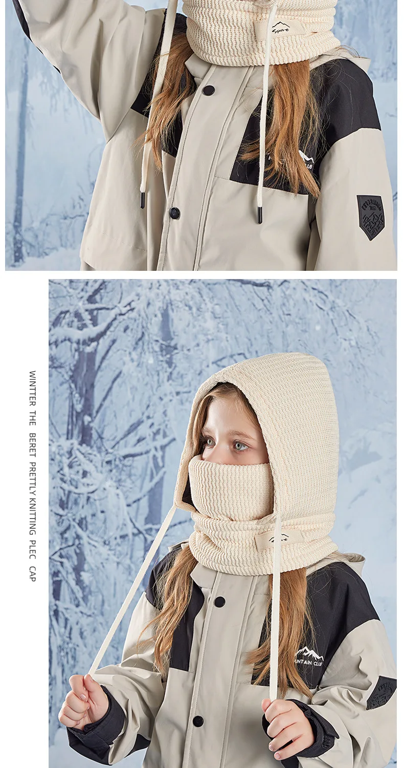 Winter Kind Sturmhaube Hut Junge Mädchen Fleece-gefütterte Bonnets Winddichte Maske Gestrickte Mützen Mütze Schal Set Kinder Mit Kapuze Warme Mütze 4-10Y – Detail 11