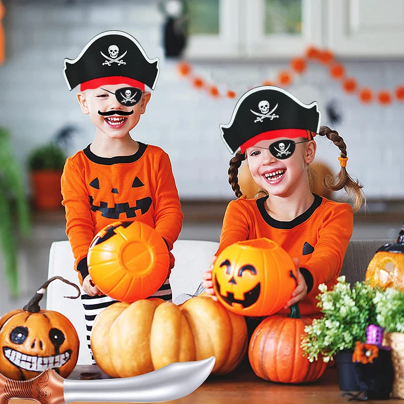 12Pcs Pirate Captain Hat Skull Print Eye Patch Children Adult Halloween Party Cosplay Costume Cap Decoration Props Kids Birthday