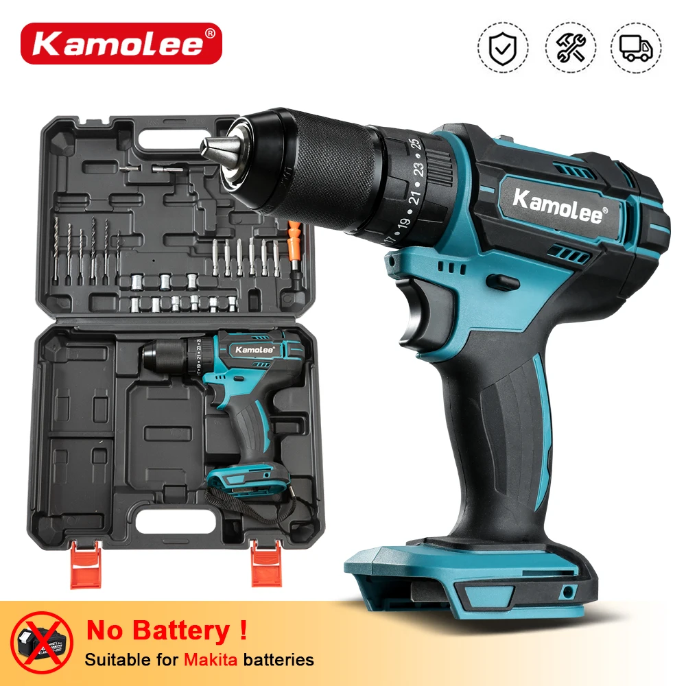 KAMOLEE Electric Impact Drill 13mm 10mm, Brush Cordless Electric Screwdriver Home DIY Power Tools Compatible 18V 21V Battery