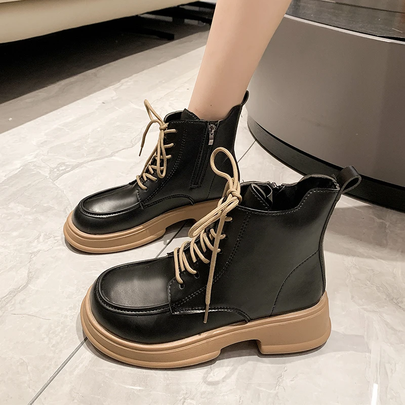 

Ботинки для женщин, модные зимние новые ботильоны, кожаные короткие ботинки на шнуровке и платформе, женские ботинки, женская обувь, женские ботинки