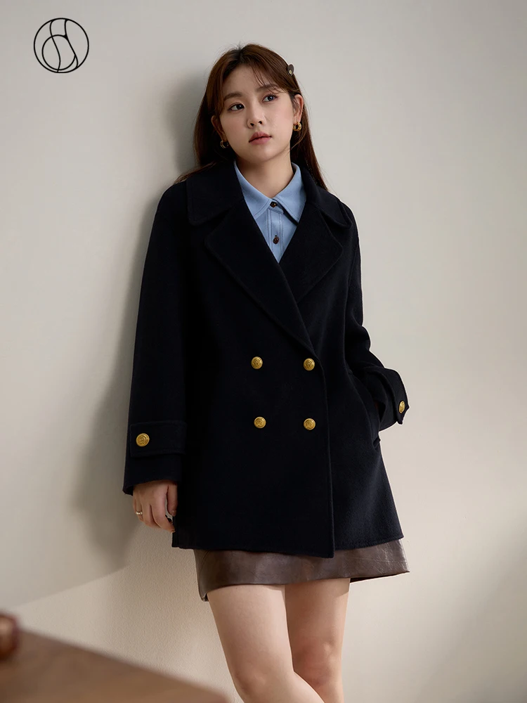 DUSHU 레트로 영국 스타일 한 손 길이 양면 모직 코트, 2023 겨울 단색 1..