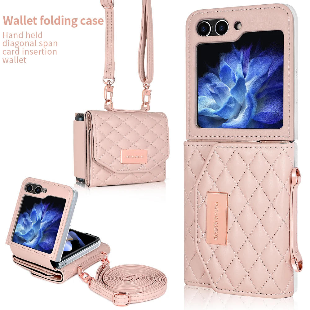 Custodia a portafoglio in pelle con tracolla e carte Solt per Samsung Galaxy Z Flip 6 5 4 3 5G Flip6 Flip5 con cinturino a diamante e tripla piega_voghion.com