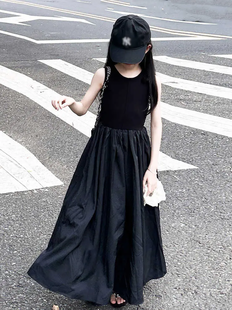 Girls Summer Dress Elegant Children's Clothing Sleeveless Vest Dress Long Skirt Simple Style Daily Wear Pure Color A-Line Skirt - 4