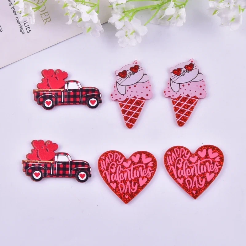 10pcs Fashion Happy Valentine Day Love Heart Car Cat Acrylic Charms Pendant for Earring Necklace