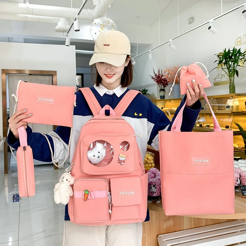 5Pcs Set Cute Bear Canvas Schoolbags for Teen Girls Female Children Tote Shoulder Bag Fashion Women Kawaii Backpack Bookbags | Багаж и