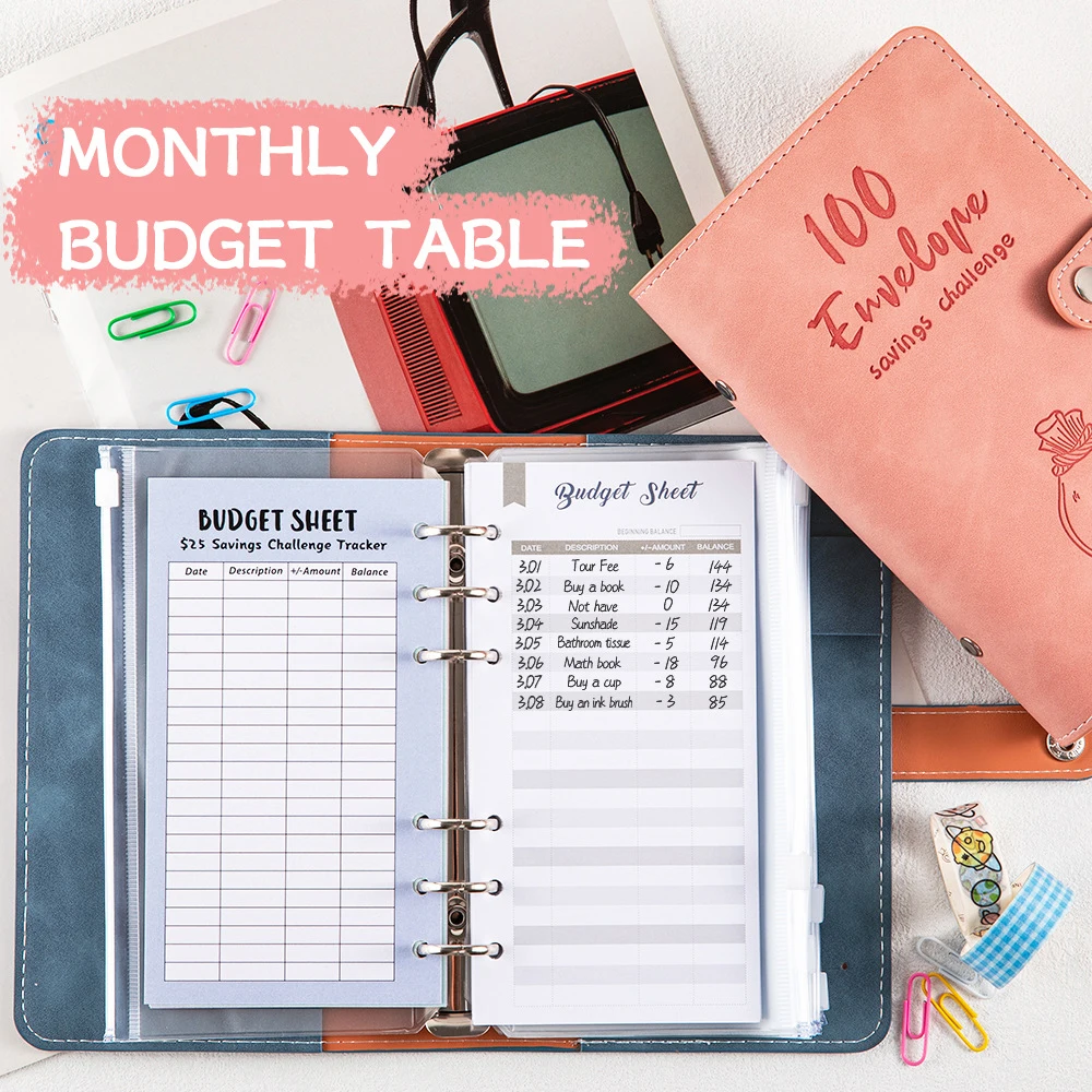100 Envelopes Money Saving Challenge Budget Binder PU Leather Cover with Cash Envelope PVC Pocket Zipper/Budget Cards stickers