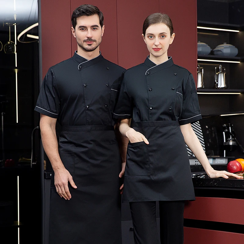 Chef Uniform Waiter Work Uniform Free Short Sleeve coat Chef Uniform Breathable Kitchen Cooking Jacket Restaurant Hotel Cafe Barber Waiter Work Shirt Unisex