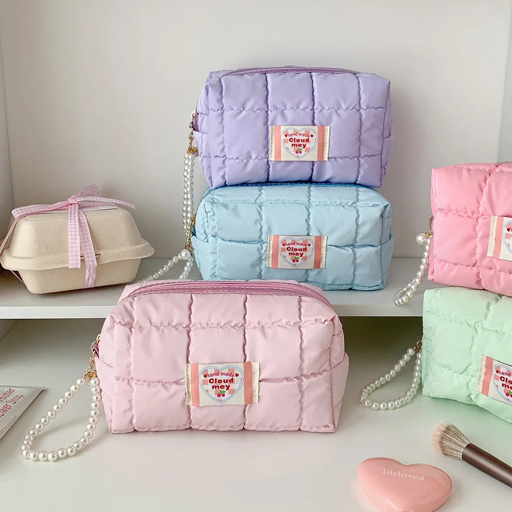 Pearl Handle Cosmetic Bag Portable Large Capacity Makeup Bag Travel Toiletry Bag Solid Color For Suitcase Purse School