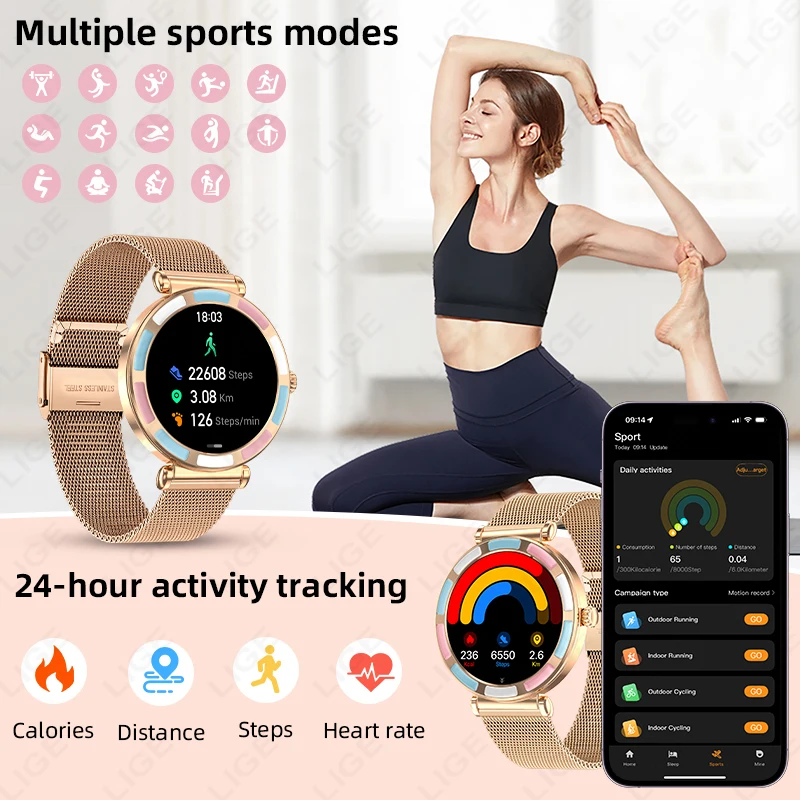 LIGE New For Android IOS Smart Watch Women 1.27" HD Display Heart Rate Sport Fitness Waterproof BT Call Smartwatch Ladies Gift