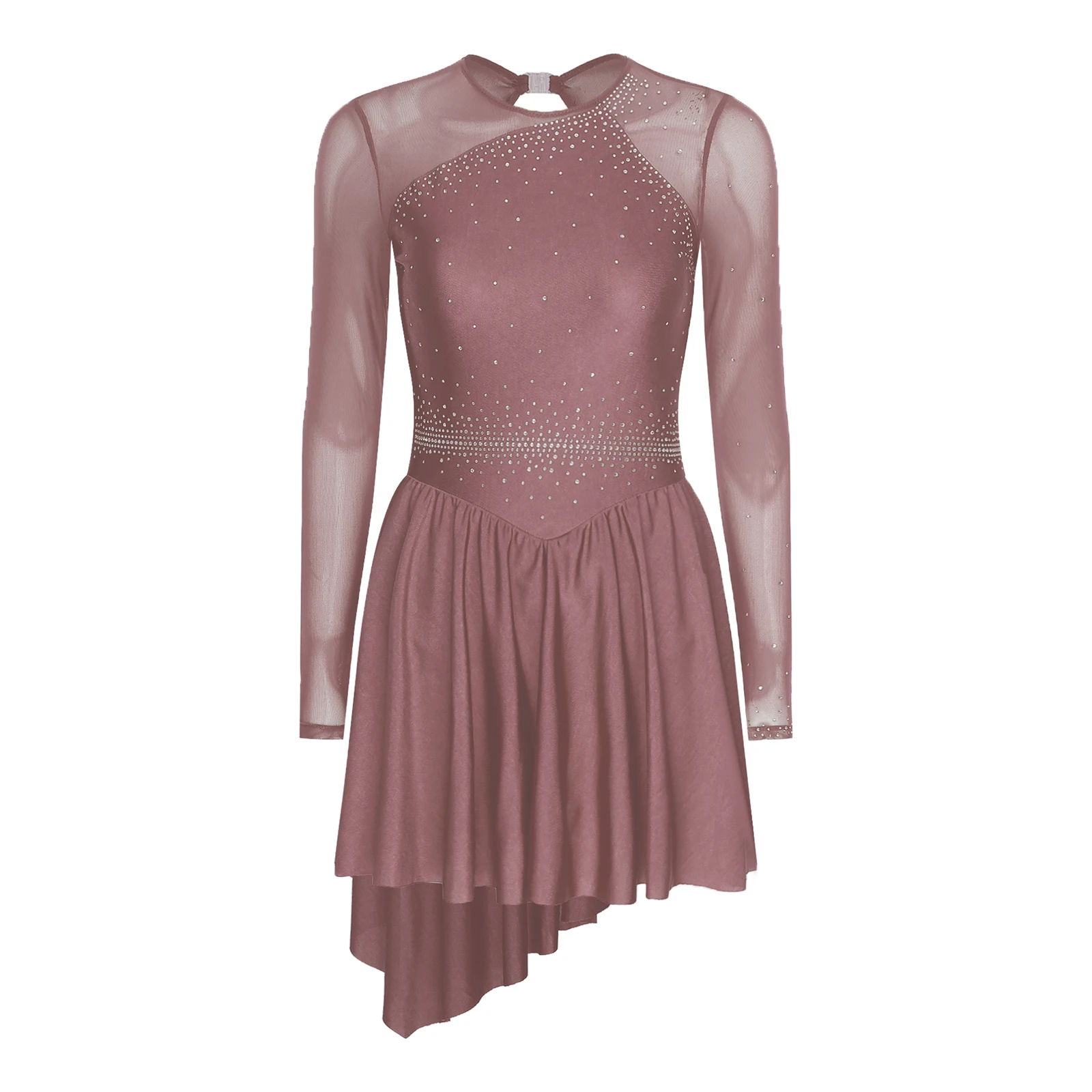 Damen glitzernde Strasssteine, Gymnastik, Eiskunstlauf, Ballett, lyrischer Tanz, Trikots, Kostüm, durchsichtiges Netz, langärmelig, Tanzkleid – Detail 3