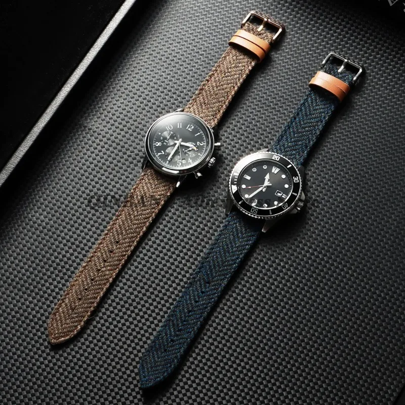 Vintage Leather Tweed Nylon Watchband Strap - Unisex Replacement Wristband with Tweed Fabric Accent