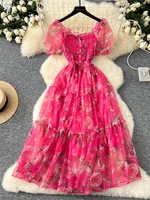 Summer Vintage French Mesh Dress for Women New Waist Cinched Slash Neck Bubble Sleeves Sweet Floral Chiffon Dress Female C146 - Image 5