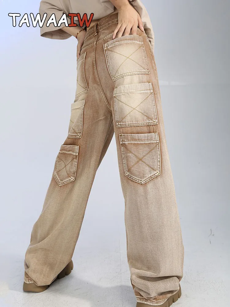 

Tawaaiw American Retro Green Boyfriend Jeans Women Vintage Washed Multiple Pockets Brown Mom Jeans Baggy Denim Trousers Y2K Chic