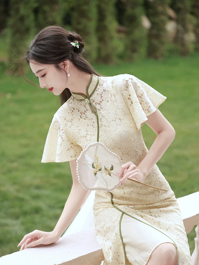 

Summer Elegant Lace Qipao Mandarin Collar Short Sleeve Cheongsam Vestidso Chinese Dress