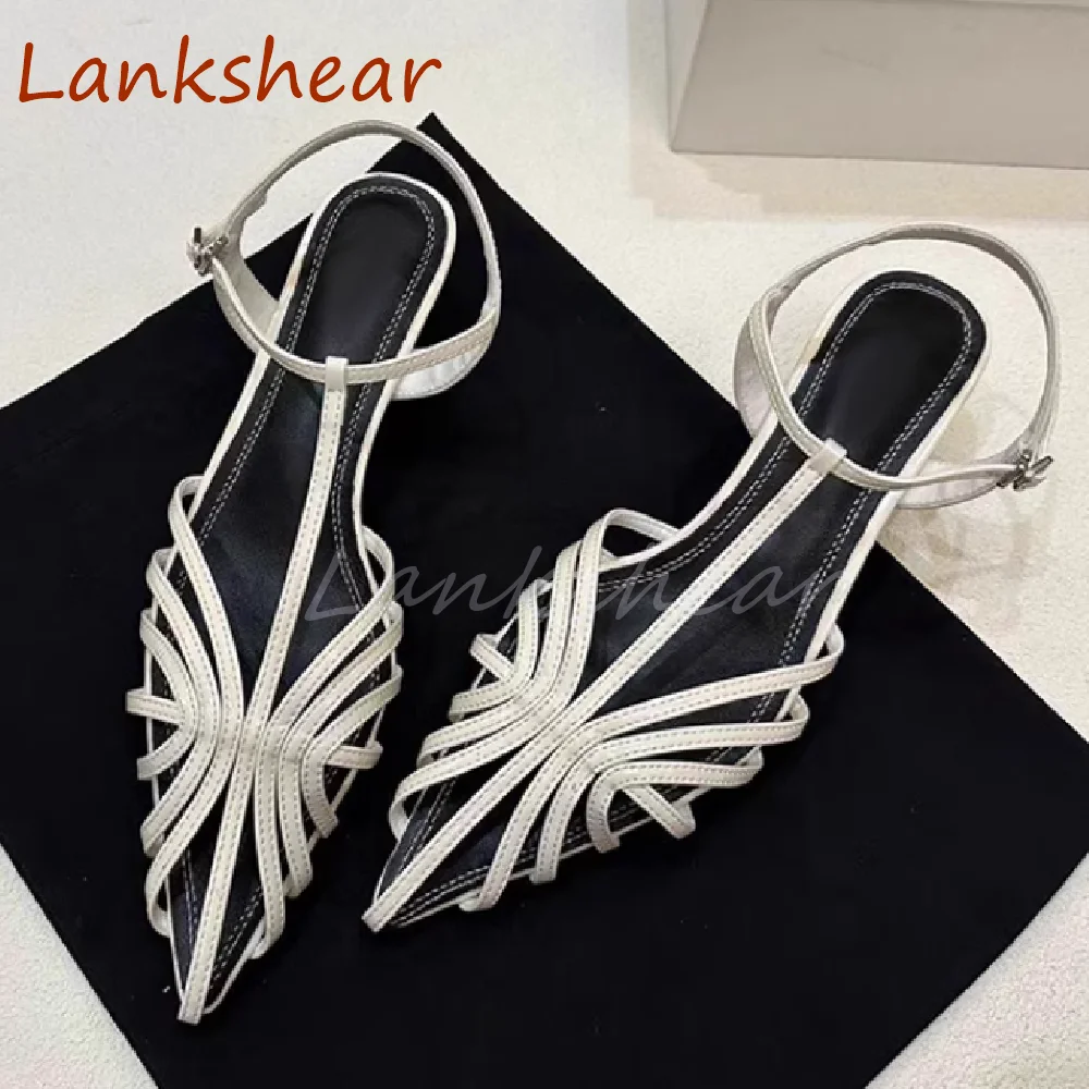 Women Pointed Toe Cross Tied Sandals Solid Fashion Niche Design Summer Slingback Buckle Strap Hollow Shoes