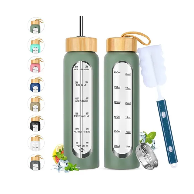 1000ML Glass Water Bottles With Straw, Glass Bottle With Silicone Sleeve And Time Marker, For Gym Home Office 1000ML Glass Water Bottles With Straw, Glass Bottle With Silicone Sleeve And Time Marker, For Gym Home Office