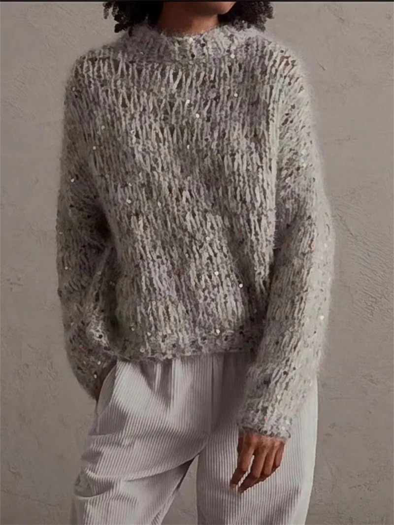 

Women Colorful Sequins Mohair Knitted Sweater 2023 Autumn Fashion Ladies Round Neck Long Sleeve Loose Knit Jumpers