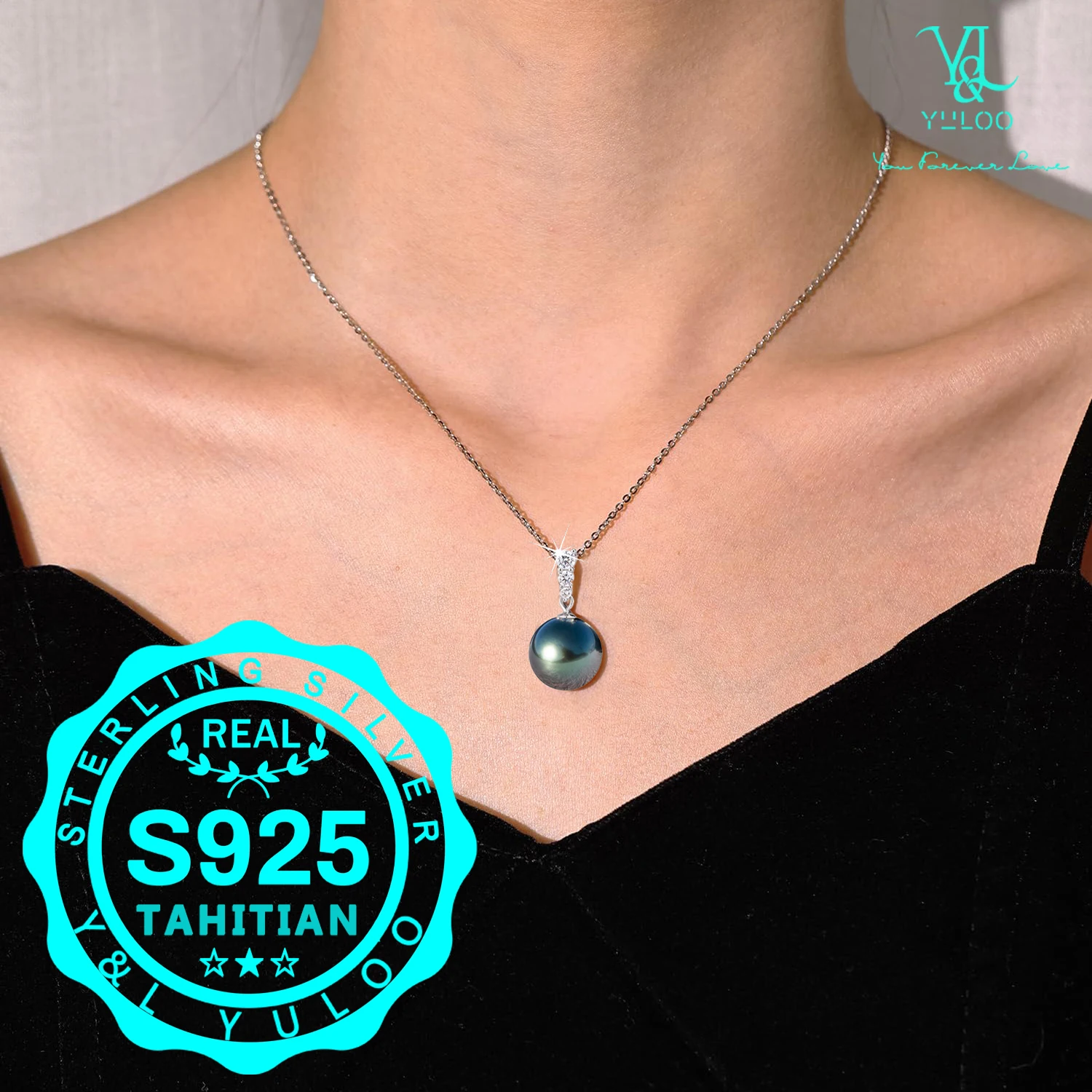 Genuine Tahitian Seawater Round Black Pearls 12-13MM Pendant Necklace-925 Sterling Silver 18+2 Inch