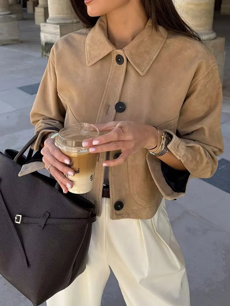HH Women Casual Solid Short Suede Coats Single Breasted Long Sleeve Lapel Jacket Spring Fashion Female Office Lady Streetwear