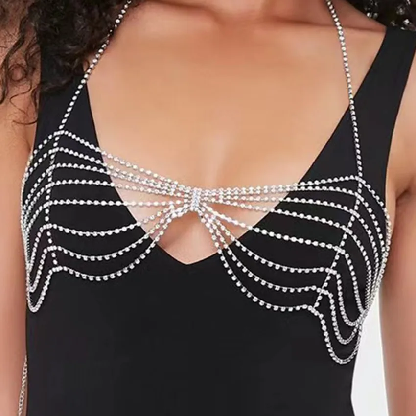 Fashion Shiny Rhinestone Multi row Tassel Body Chain Women Sexy Bikini Accessories Bra Hollow out Crystal Body Chain Jewelry