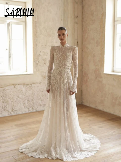 Elegant Lace Backless Wedding Dress High Neck Bride Customized A Line Floor-length Bridal Dress For Women Charming Long Sleeves 1
