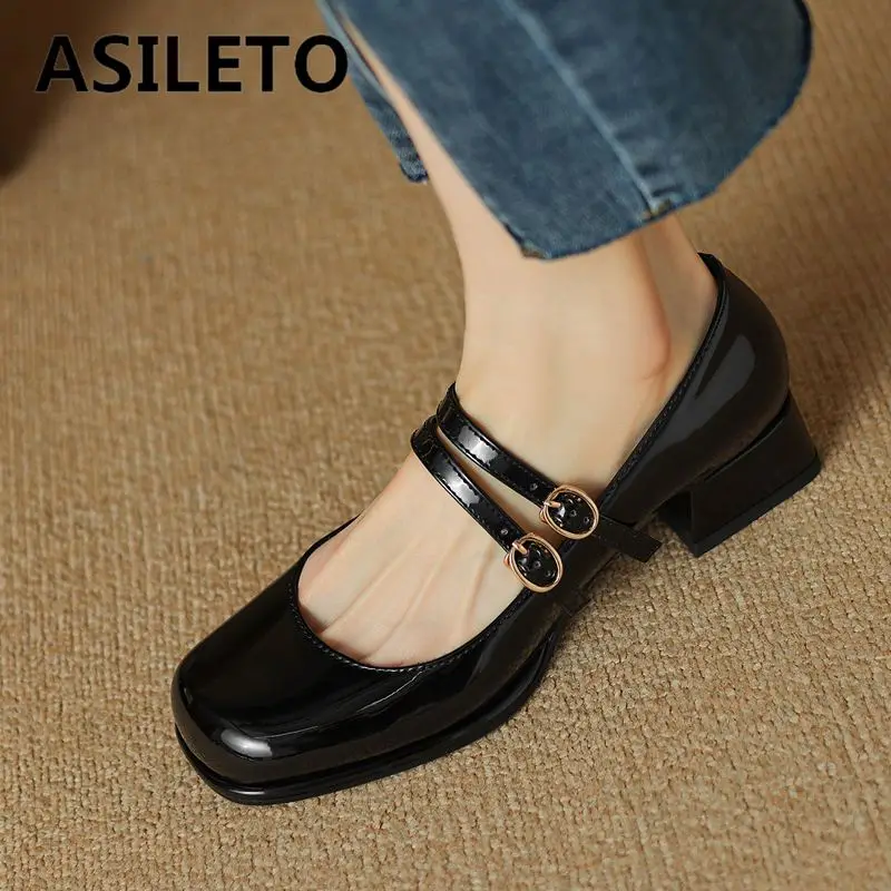 

ASILETO Brand Mary Janes Women Pumps Round Toe Block Heels 4.5cm Double Buckle Straps Big Size 43 Spring Dating Shallow Shoes