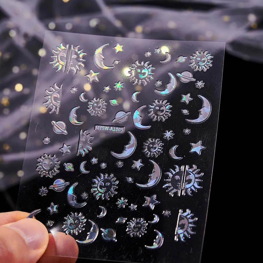 Gold Sun Moon Star Totem Holographic Nail Art Sticker 8*10cm Adhesive Nail Art Decorations Gold/sILVER Manicure Decals 6Pcs nail stickers,nail art decoration,nail decals