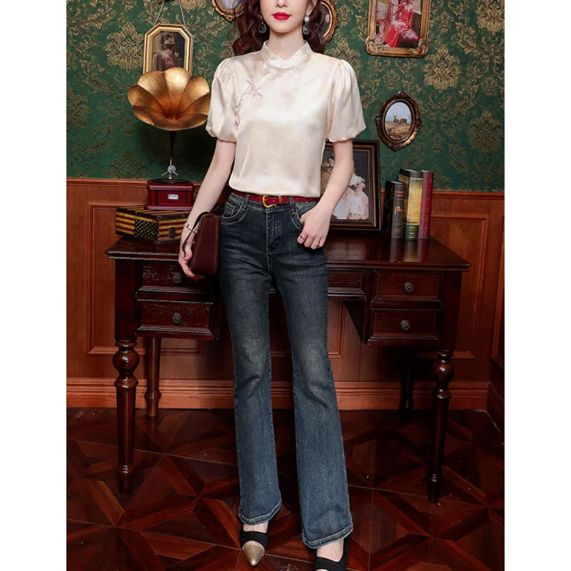 Summer New Women's Fashion Simplicity Versatile Loose Casual Chinese Style Stand Up Collar Button Up Puff Sleeve Shirt Tops
